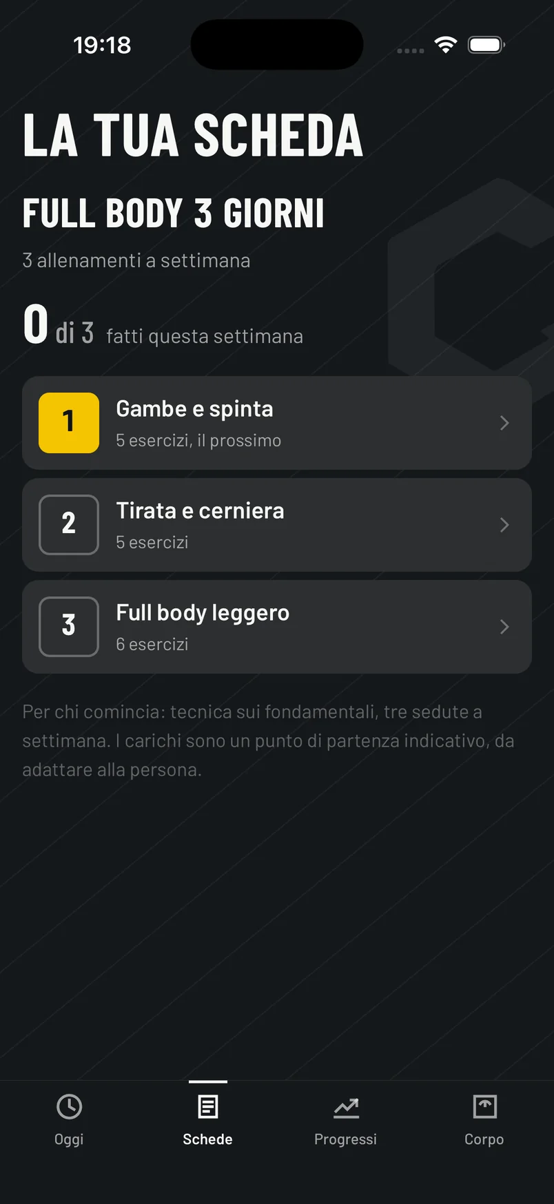 La schermata Schede dell’app GymDeck: la scheda assegnata dalla palestra, «Full body 3 giorni», con i tre giorni in elenco, quanti esercizi ha ciascuno e la nota del trainer sotto.